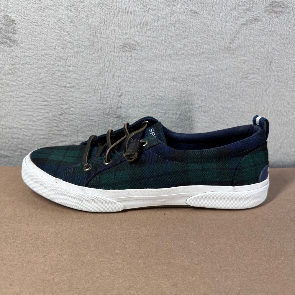 Sperry Crest Vibe Sneakers Womens 7.5 Green Plaid‎ Canvas Slip On Nautical Shoes